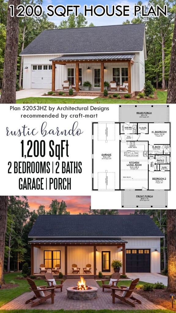 Rustic 2-Bedroom Barndominium - 1200 sq ft plan
