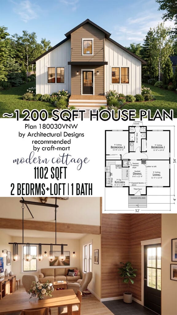 1,102 Sq Ft Modern Cottage Plan with Loft