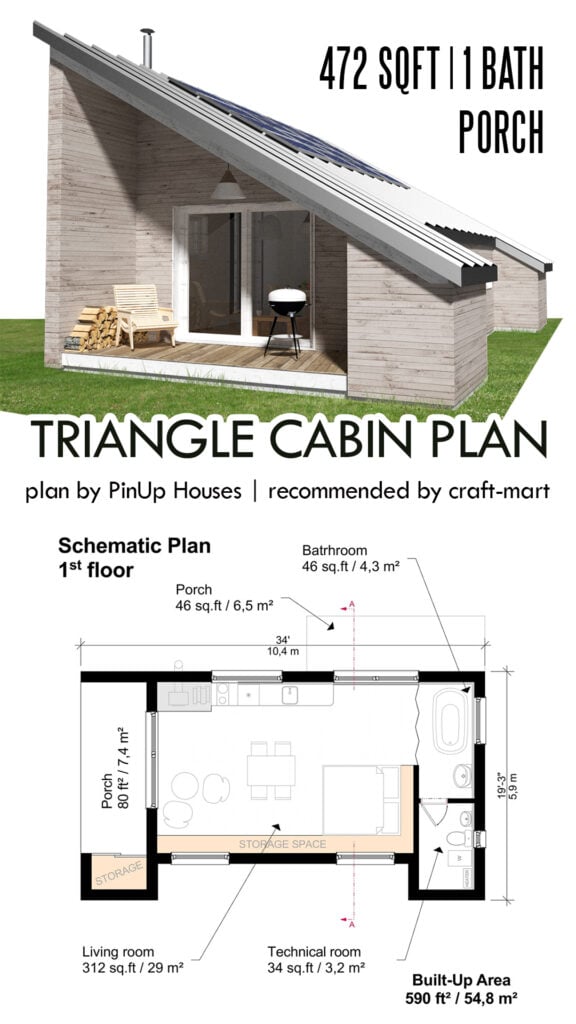 Small Triangle Cabin Plan (472 sq ft)